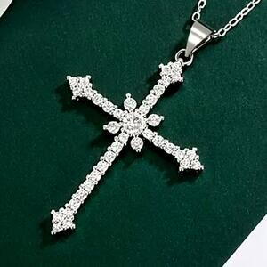 925 Serling Silver Necklace w/ CZ Cross & Star Woman's Valentine's Birthday Gift